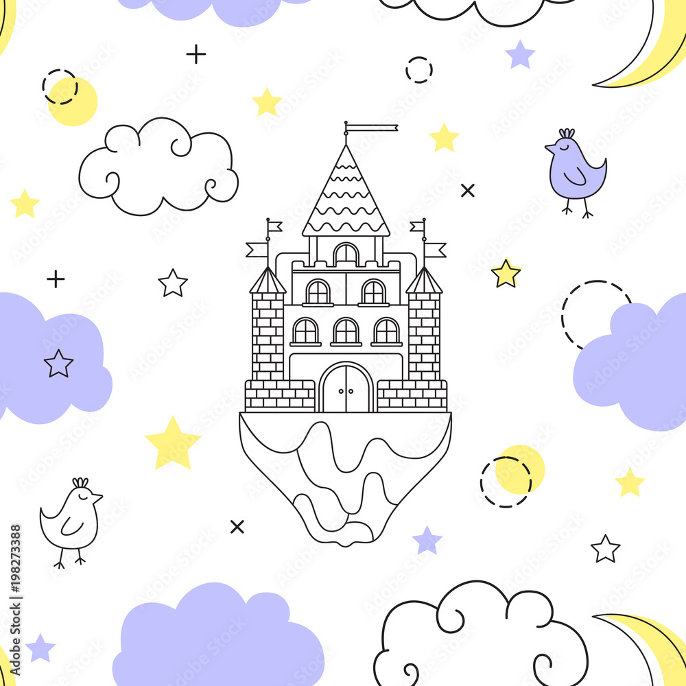 Fototapeta premium Vector seamless pattern in style of a fantasy. Flying castle in the clouds