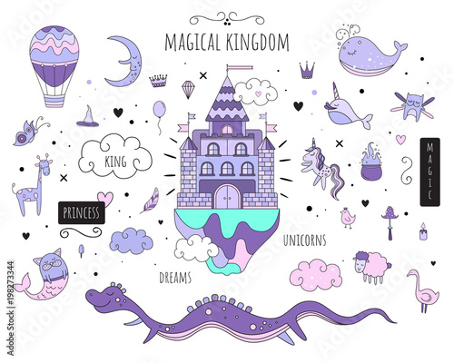 Set of vector isolated images. Magical animals. Magic castle. Purple tones + white background