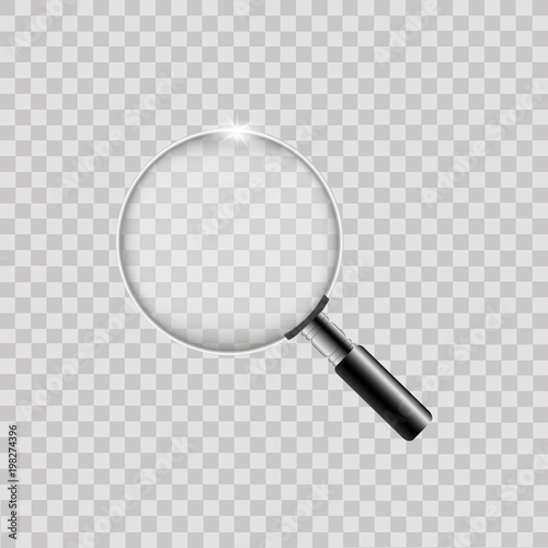 Realistic silver magnify on transparent background. Vector.