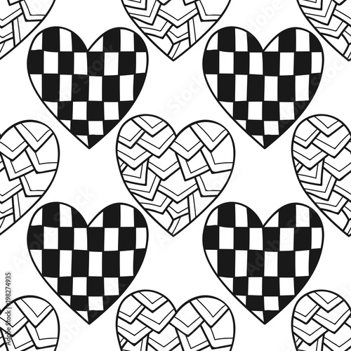 Hearts. Black and white decorative seamless pattern for coloring book. Romantic, lovely background.