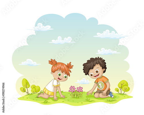 Two children are happy about a flower in a meadow