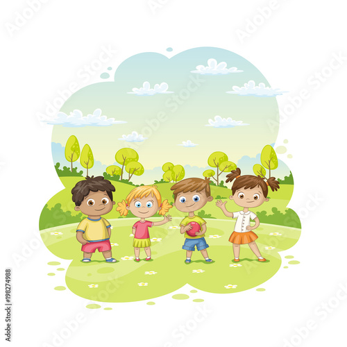Group of children ist standing in a meadow