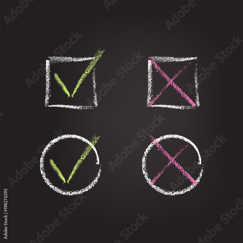 Chalk check marks on black schoolboard. Vector chalk hand drawn design elements.