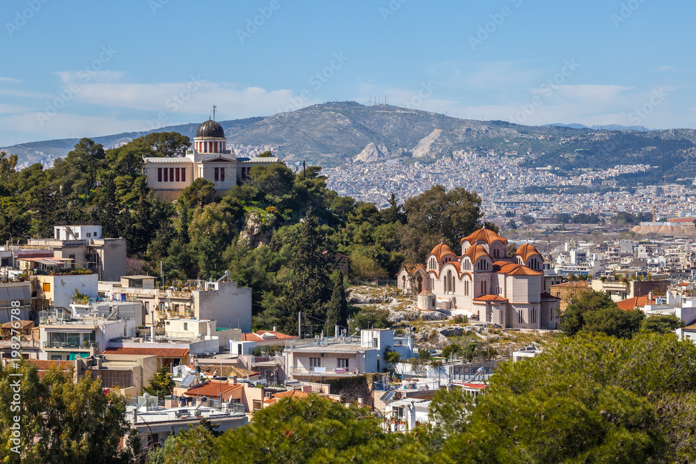 Church Agia Marina and National Observatory on the Hill of Nymphis in Athens, Greece