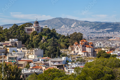 Church Agia Marina and National Observatory on the Hill of Nymphis in Athens, Greece photo