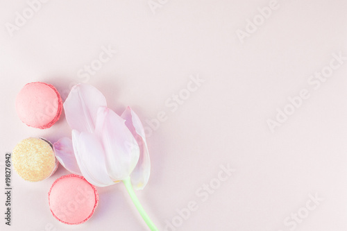 Flat lay of macaroons and Pink tulip with petals