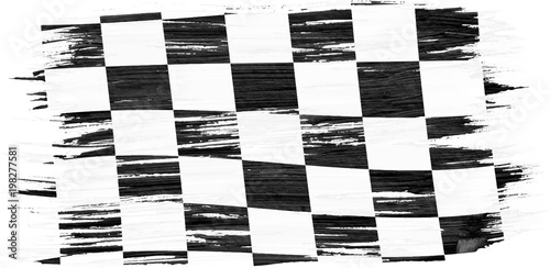 Closeup of art brush watercolor painting checkered black and white racing flag blown in the wind isolated on white. photo