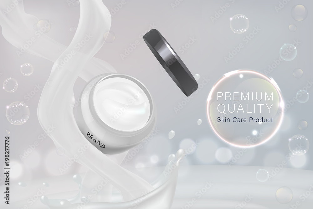 White cosmetic container with advertising background ready to use, luxury skin care ad. vector 3d illustration.