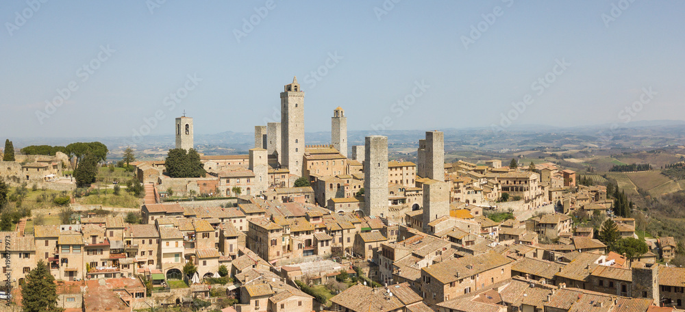 Drone aerial landscape of the wonderful village of San Gimignano. A Unesco World Heritage. Tuscany, Italy Drone aerial landscape of the wonderful village of San Gimignano. A Unesco World Heritage. Tuscany, Italy
