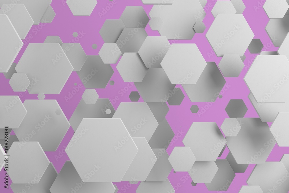 White hexagons of random size on violet background