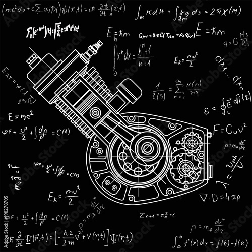 Motocycle engine design isolated in black background. It can be used as an illustration for the high-tech, systems and mechanisms, motors, development of engineering and research.