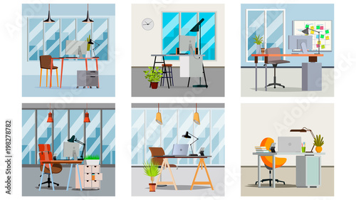 Office Interior Vector. Interior Office Room With Furniture Design. Modern Business Workspace. Flat Illustration