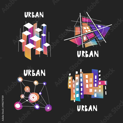Vector set of fluid gradient hand-drawn logos on the theme of urban planning, city forum, communities, architecture, real estate.