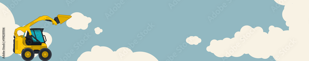 Big yellow excavator, sky with clouds in background. Horizontal banner layout with earth mover. Vintage color stylization. Construction machinery vehicle and ground works. Flatten illustration vector. Big yellow excavator, sky with clouds in background. Horizontal banner layout with earth mover. Vintage color stylization. Construction machinery vehicle and ground works. Flatten illustration vector.