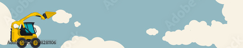Big yellow excavator, sky with clouds in background. Horizontal banner layout with earth mover. Vintage color stylization. Construction machinery vehicle and ground works. Flatten illustration vector.