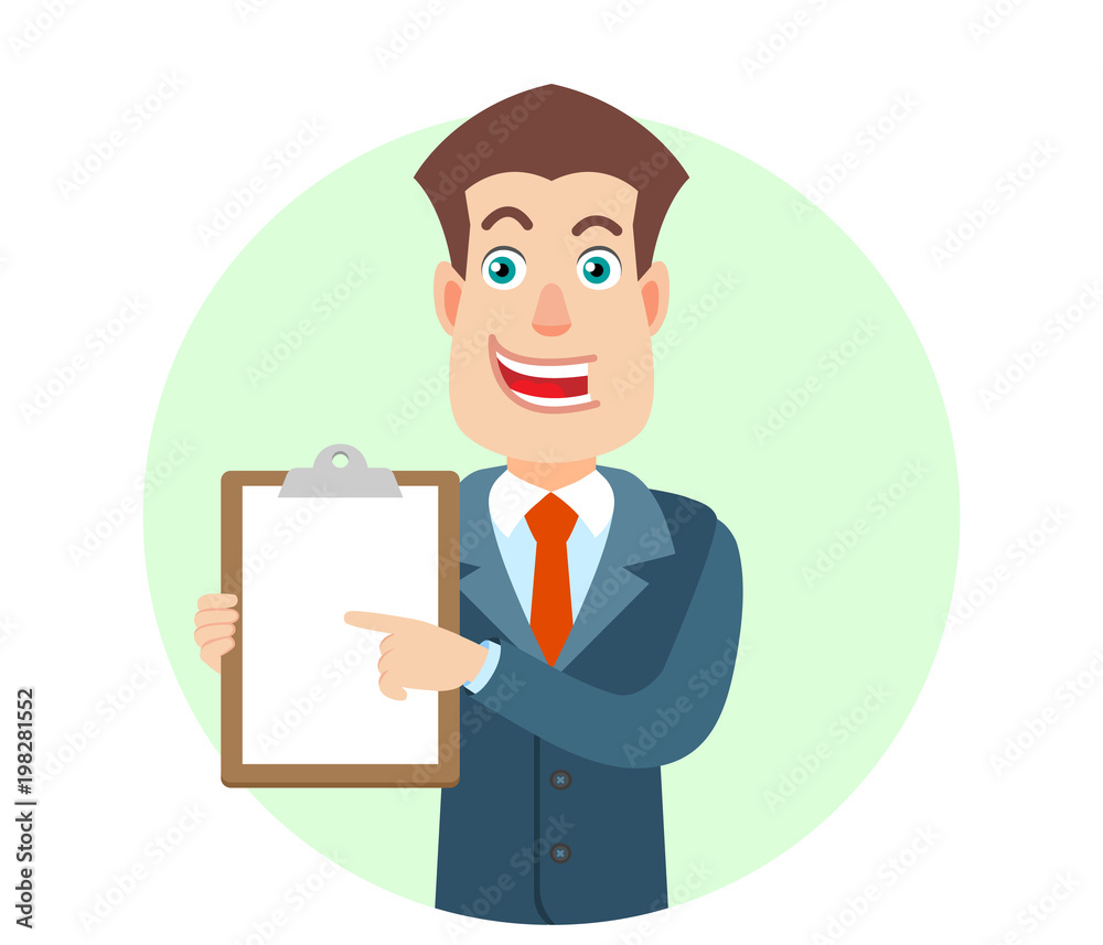 Businessman pointing at clipboard