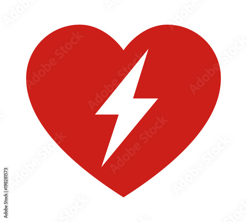 Red automated external defibrillator / aed sign with heart and electricity symbol flat vector icon photo