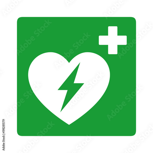 Green automated external defibrillator / aed sign with heart and electricity symbol flat vector icon photo