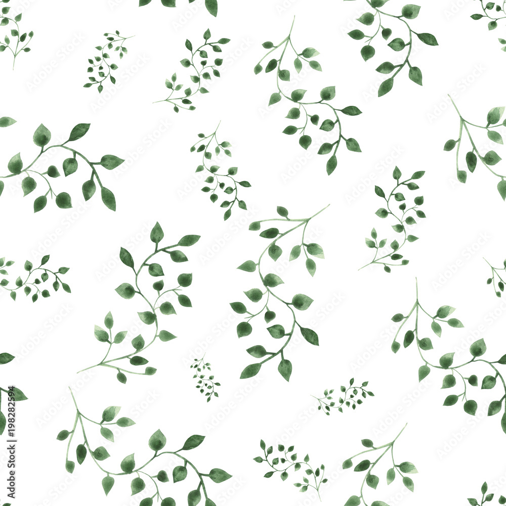 Watercolor illustration green leaves on isolated background. Seamless pattern.