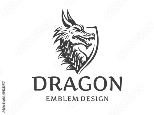 Vector head of a dragon in the form of a shield illustration, logotype, print, emblem design on a white background.