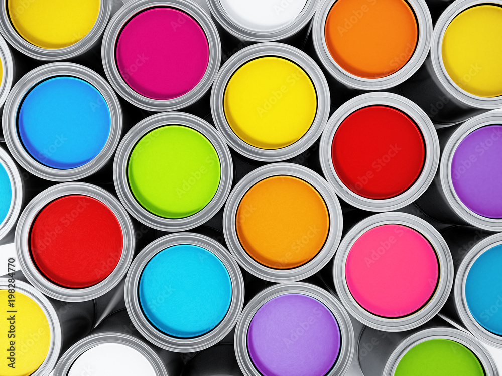 Vibrant colored paint cans background. 3D illustration Vibrant colored paint cans background. 3D illustration
