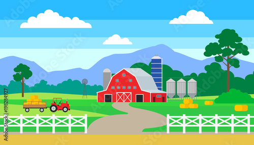 rural landscape with farm house barn tractor fence silos