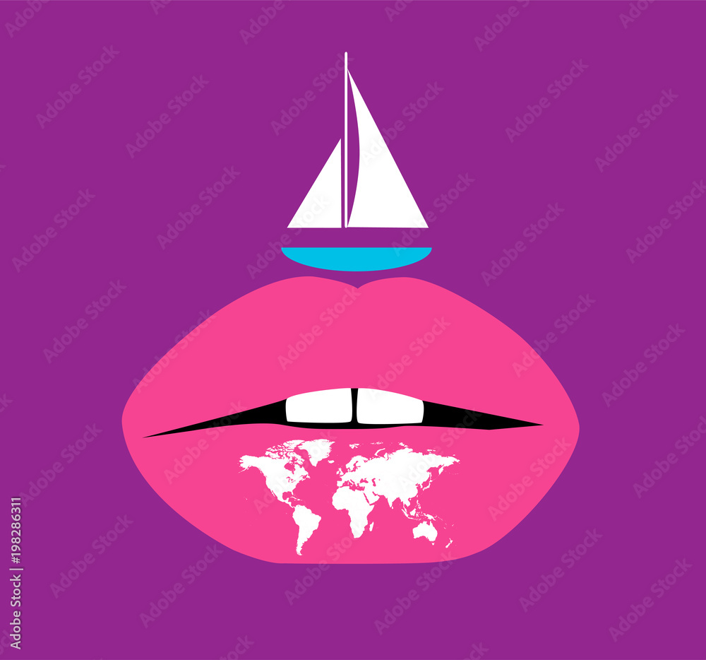 Yacht with world map and lips, abstract background Yacht with world map and lips, abstract background