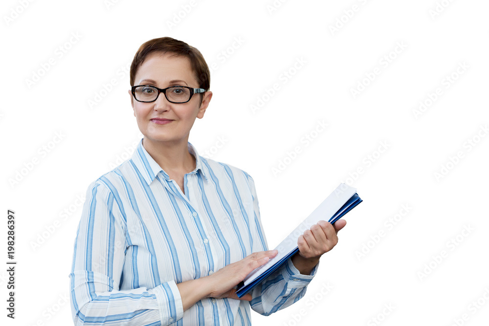 Business woman holding paperwork isolated on a white background. Professional portrait of nice middle aged female wearing glasses and oxford shirt, looking at camera and smiling Business woman holding paperwork isolated on a white background. Professional portrait of nice middle aged female wearing glasses and oxford shirt, looking at camera and smiling