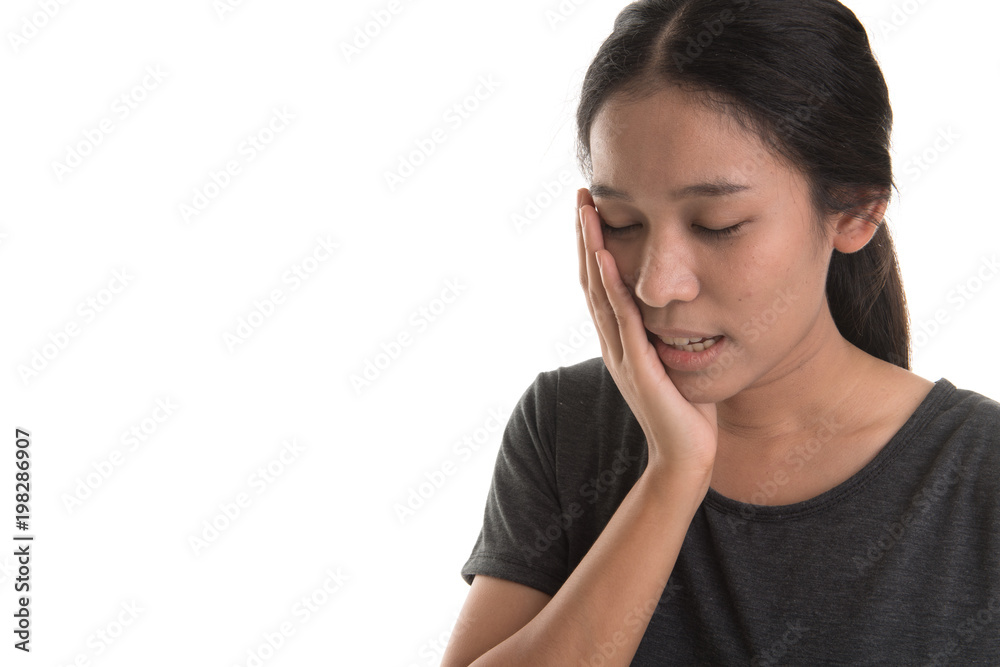 Portrait of asian woman having toothache standing over white background. Free from copy space. Portrait of asian woman having toothache standing over white background. Free from copy space.