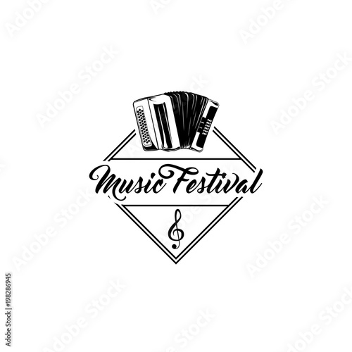Bayan, accordion. Music festival shop store logo label. Musical instrument. Vector.