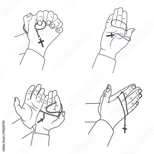 Praying hands with holy rosary beads vector line icon set isolated on a white background.