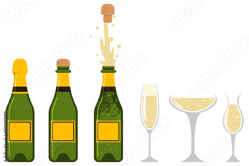 Champagne bottle is closed, open, an explosion of cork and glasses of different shapes. Vector flat icons set of party and holiday designs isolated on white background.