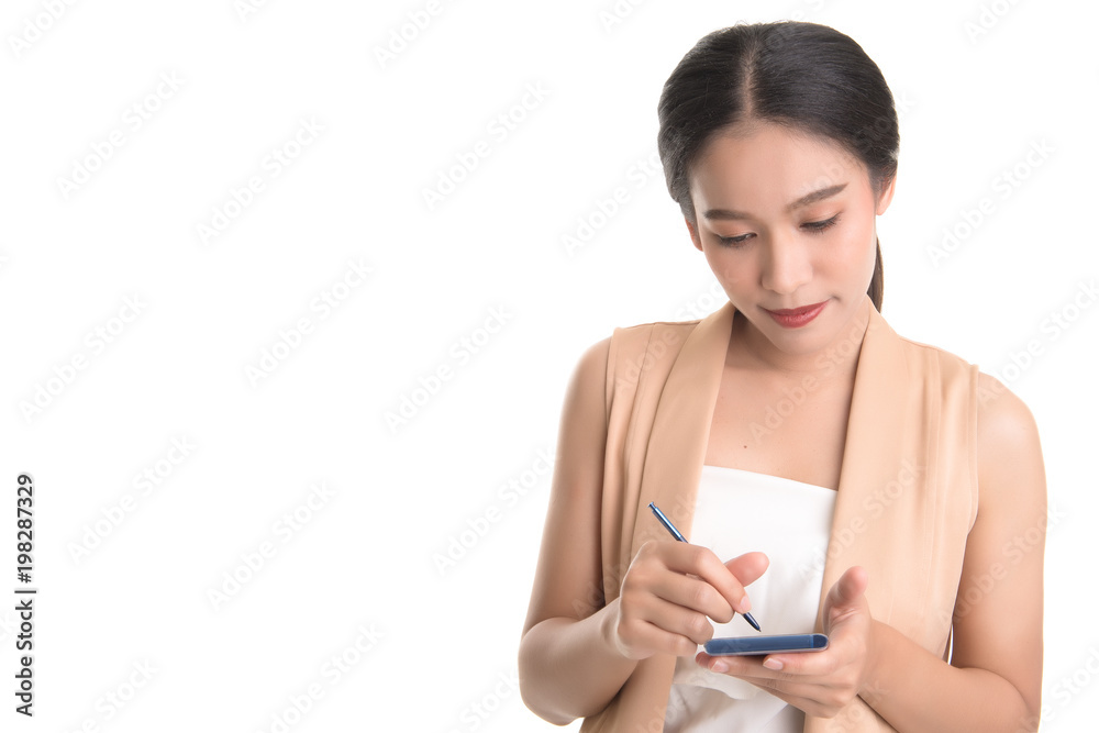 Portrait of asian business woman use of mobile phone isolated on white background. Free from copy space. Portrait of asian business woman use of mobile phone isolated on white background. Free from copy space.