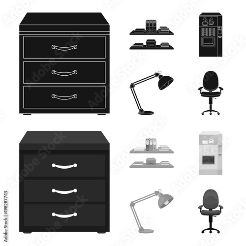 Shelves, folders and notebooks with business records, a coffee machine with cups, an armchair with a backrest on wheels, a desk lamp. Office Furniture set collection icons in black,monochrom style