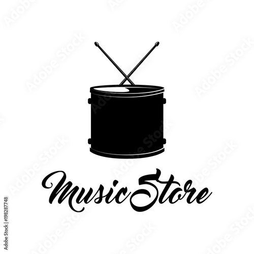 Drum. Music store shop logo. Musical instrument. Music badge. Vector.