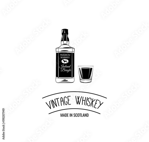Whiskey bottle shot. Scotch. Alcoholic beverage. Alcohol drink. Bar Pub design. Vector.