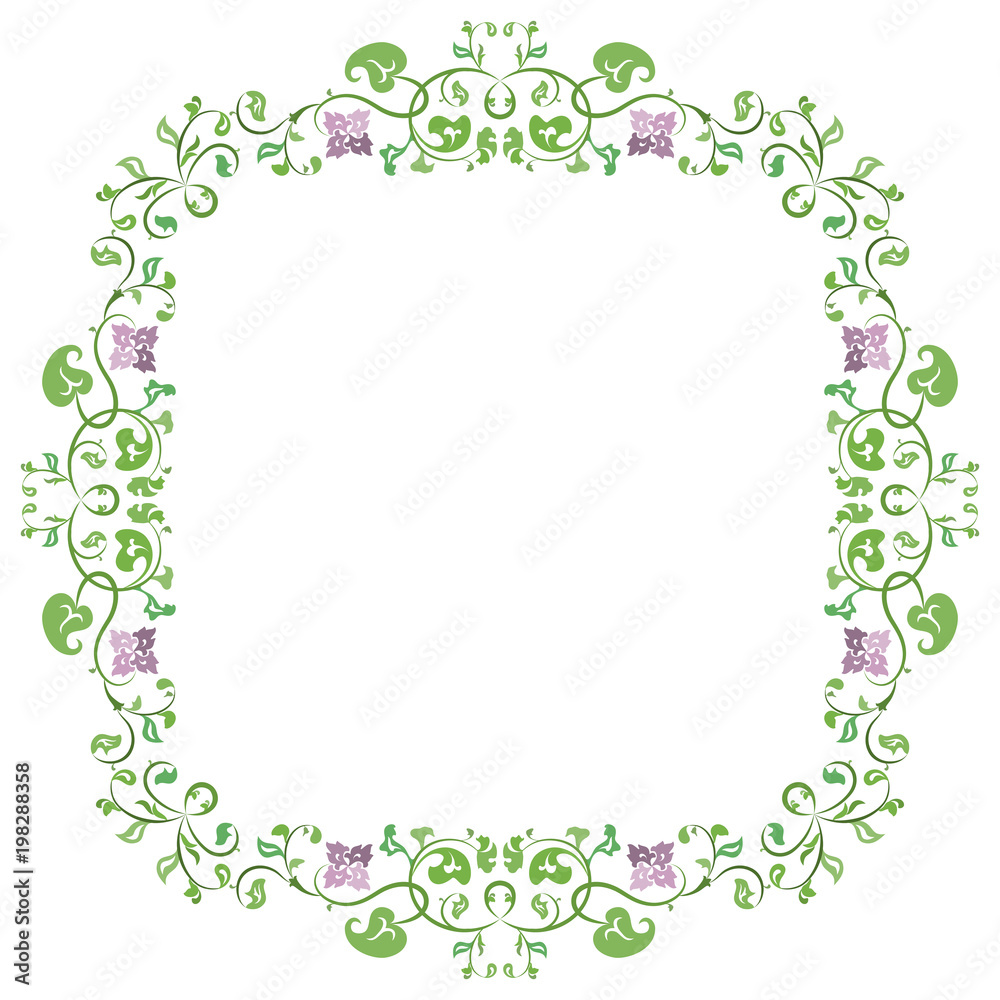 Spring or summer blossoming delicate frame with green leaves and lilac flowers on a white background Spring or summer blossoming delicate frame with green leaves and lilac flowers on a white background