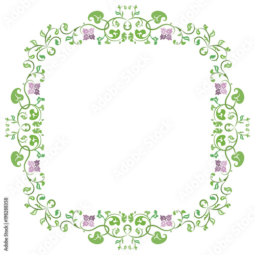 Spring or summer blossoming delicate frame with green leaves and lilac flowers on a white background