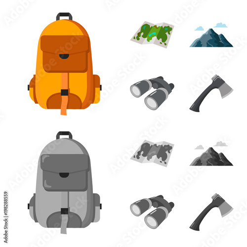 Backpack, mountains, map of the area, binoculars. Camping set collection icons in cartoon,monochrome style vector symbol stock illustration web.