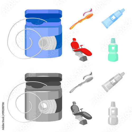 Dental floss, toothbrush, toothpaste, dental chair. Dental care set collection icons in cartoon,monochrome style vector symbol stock illustration web.