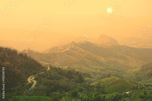 Фотография Curved road at green forest mountain in the morning