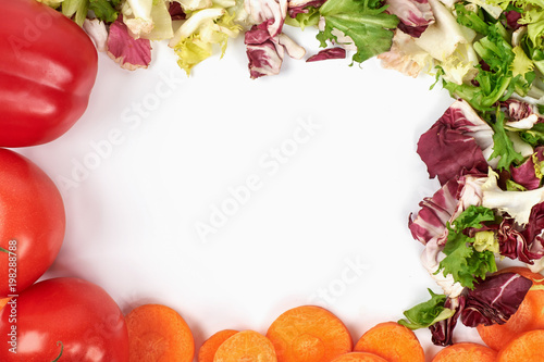 Fototapeta Naklejka Na Ścianę i Meble -  Frame of fresh vegetables isolated on the white background. Healthy natural food with copy space . Cooking ingredients top view, mockup for recipe or menu.