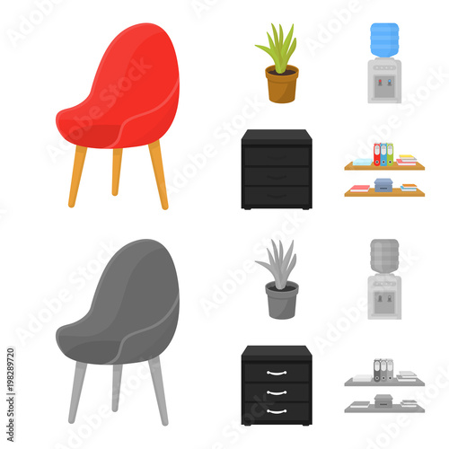 A red chair with a comfortable back, an aloe flower in a pot, an apparatus with clean water, a cabinet for office papers. Office Furniture set collection icons in cartoon,monochrome style vector