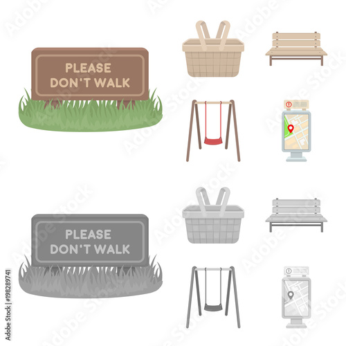 Lawn with a sign, a basket with food, a bench, a swing. Park set collection icons in cartoon,monochrome style vector symbol stock illustration web.