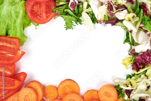 Frame of fresh organic vegetables isolated on the white background. Healthy natural food with copy space . Cooking ingredients top view, mockup for recipe or menu.