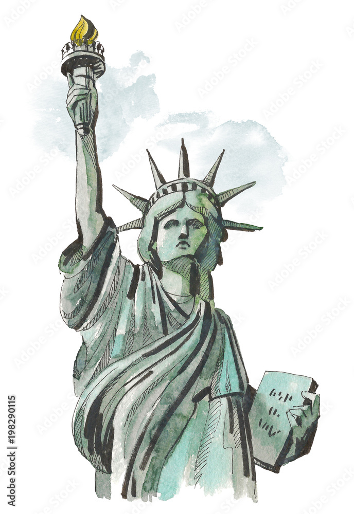 Fototapeta premium Watercolor sketch of Statue of Liberty New York of USA in illustration