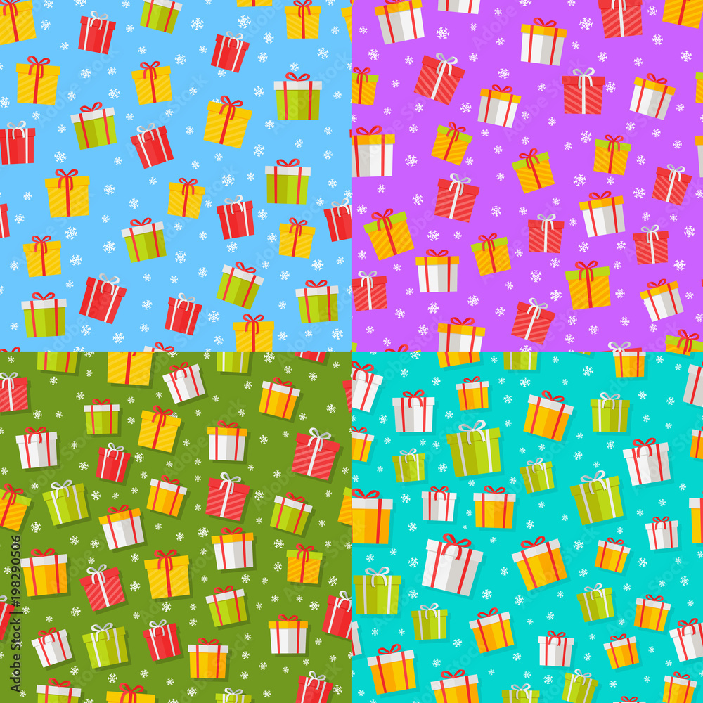 Set of Wrapped Gifts Seamless Patterns Vector