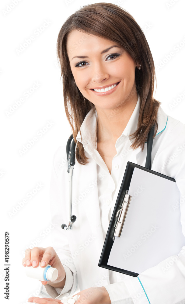 Cheerful doctor showing medical drug, over white Cheerful doctor showing medical drug, over white
