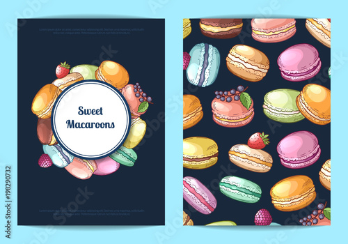 Vector card, flyer or brochure for sweet or pastry shop with colored hand drawn macaroons