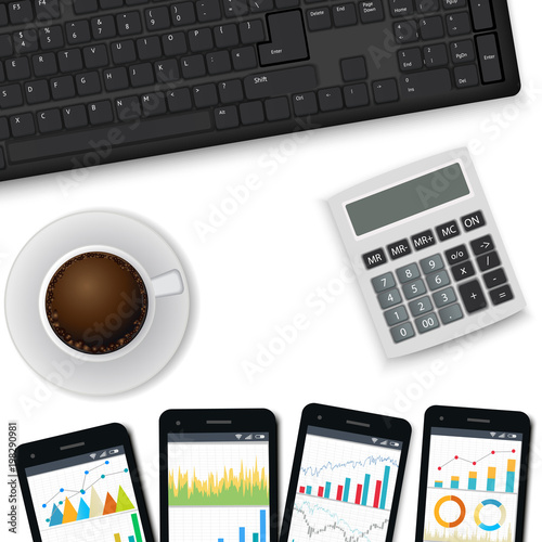 Vector desk with keyboard, mobile phones, calculator, cup of coffee. finance consultant, business analyst accounting workpalce. View from the top